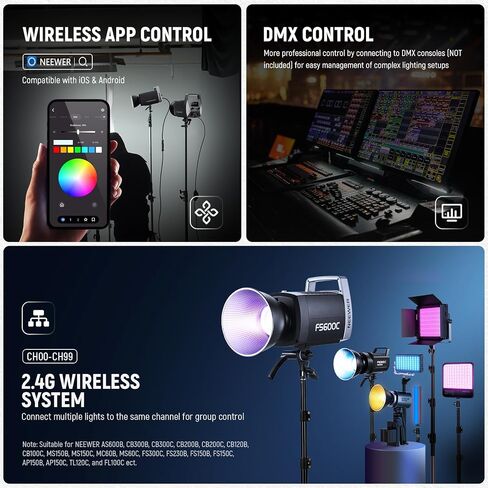 NEEWER Pro 600W RGB LED Video Light APP/2.4G/DMX Control, 2500-7500K 52500lx/1m COB Continuous Output Lighting, CRI95+/TLCI97+ Spotlight with Bag for Studio Photography Recording Streaming, FS600C in Saudi Arabia