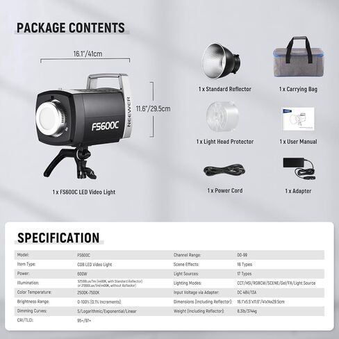 NEEWER Pro 600W RGB LED Video Light APP/2.4G/DMX Control, 2500-7500K 52500lx/1m COB Continuous Output Lighting, CRI95+/TLCI97+ Spotlight with Bag for Studio Photography Recording Streaming, FS600C in Saudi Arabia