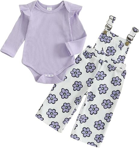 Newborn Baby Girl Fall Outfits Ribbed Long Sleeve Rompers Suspender Overalls Pants Sets Infant 2Pcs Clothes in Saudi Arabia