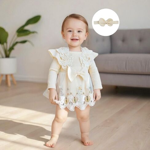Newborn Girl Outfit Long Sleeve Flower Butterfly Embroidery Knit Romper Dress Bowknot Headband Infant Baby Clothes in Saudi Arabia