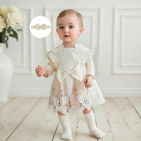 Newborn Girl Outfit Long Sleeve Flower Butterfly Embroidery Knit Romper Dress Bowknot Headband Infant Baby Clothes in Saudi Arabia