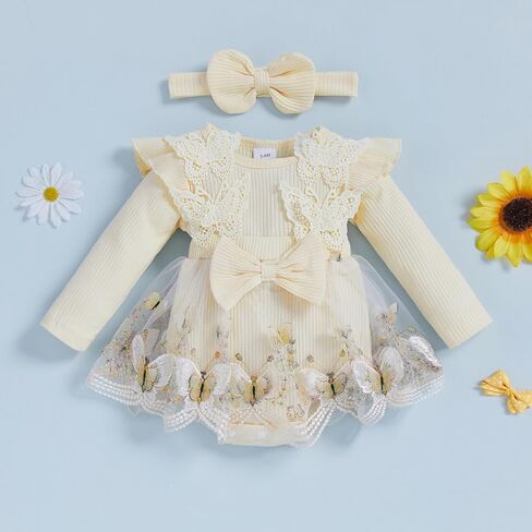 Newborn Girl Outfit Long Sleeve Flower Butterfly Embroidery Knit Romper Dress Bowknot Headband Infant Baby Clothes in Saudi Arabia
