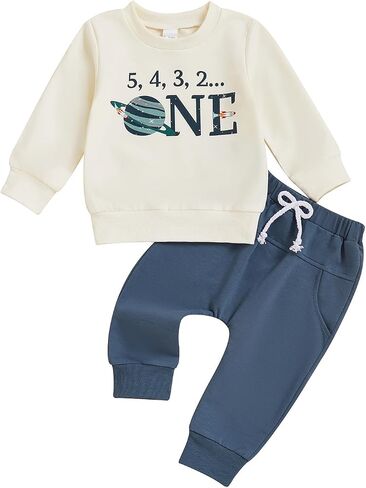 Baby Boy First Birthday Outfit Letters Printed Long Sleeve Crewneck Sweatshirt Tops Pants Cute Cake Smash Outfit in Saudi Arabia