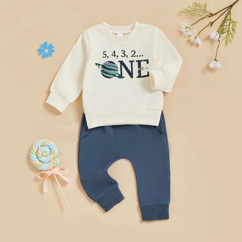 Baby Boy First Birthday Outfit Letters Printed Long Sleeve Crewneck Sweatshirt Tops Pants Cute Cake Smash Outfit in Saudi Arabia