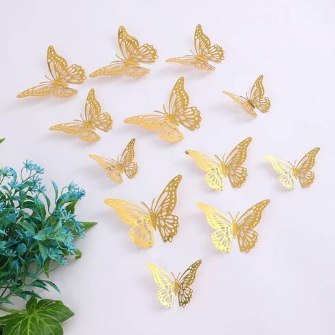 Butterfly Wall Decor, 12 Pcs 3 Styles 3 Sizes, Removable Metallic Wall Decor Sticker Room Mural Decals for Bedroom Nursery Classroom Party Decoration Wedding Decor DIY Gift (Gold) in Saudi Arabia