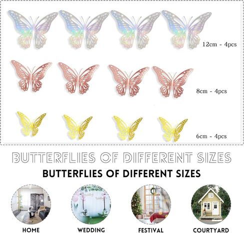 Butterfly Wall Decor, 12 Pcs 3 Styles 3 Sizes, Removable Metallic Wall Decor Sticker Room Mural Decals for Bedroom Nursery Classroom Party Decoration Wedding Decor DIY Gift (Gold) in Saudi Arabia