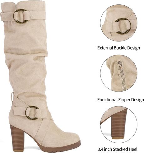 mysoft Women's Knee High Boots Fashion Chunky Block Heel Warm Winter Boots with Side Zippers in Kuwait
