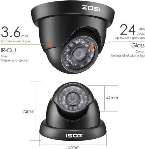 Zosi 720p HD 1280TVL 1.0MP HI-RERNESSSOUTION 4 في 1 TVI/CVI/AHD/CVBS CCTV Camera Security System/Night Dise for HD-TVI ، AHD ، CVI ، و CVBS/960H نظم DVR التناظرية (أسود) in Kuwait