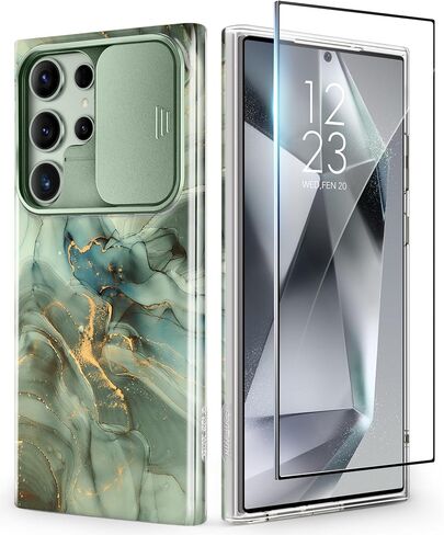 GVIEWIN Designed for Samsung Galaxy S24 Ultra Case with Slide Camera Cover+Screen Protector, [Military Grade Shockproof] Marble Slim Protective Phone Case for S24 Ultra 5G 6.8" (Quicksand/Purple) in Kuwait