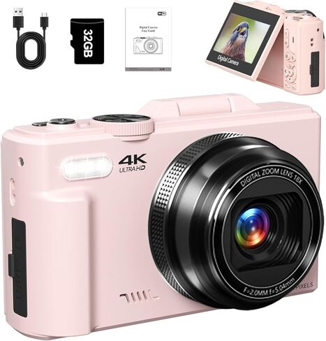 كاميرا رقمية 64 ميجابكسل للتصوير الفوتوغرافي ، الكاميرا المدونة مع التركيز التلقائي ， 3 '' 180 ° كاميرا شاشة الوجه مع 18x Zoom & Flash ， 2 بطاريات ， 32 جيجابايت بطاقة SD in Kuwait