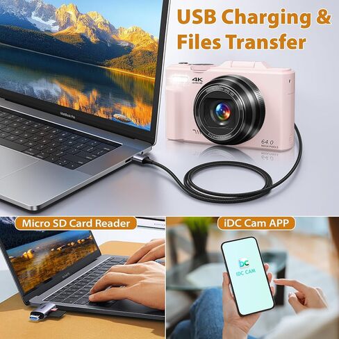 كاميرا رقمية 64 ميجابكسل للتصوير الفوتوغرافي ، الكاميرا المدونة مع التركيز التلقائي ， 3 '' 180 ° كاميرا شاشة الوجه مع 18x Zoom & Flash ， 2 بطاريات ， 32 جيجابايت بطاقة SD in Kuwait