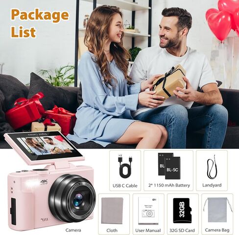 كاميرا رقمية 64 ميجابكسل للتصوير الفوتوغرافي ، الكاميرا المدونة مع التركيز التلقائي ， 3 '' 180 ° كاميرا شاشة الوجه مع 18x Zoom & Flash ， 2 بطاريات ， 32 جيجابايت بطاقة SD in Kuwait