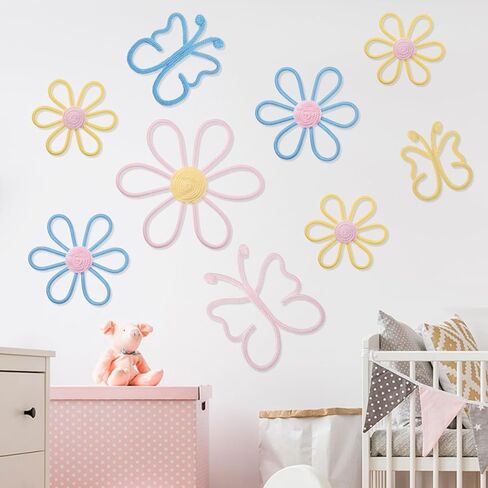 Wesiti 9 Pcs Boho Nursery Decor 3 Size Daisy Flower and Butterflies Woven Macrame Wall Hanging for Home Nursery Bedroom Dorm Wall Art (Bright Color) in Saudi Arabia