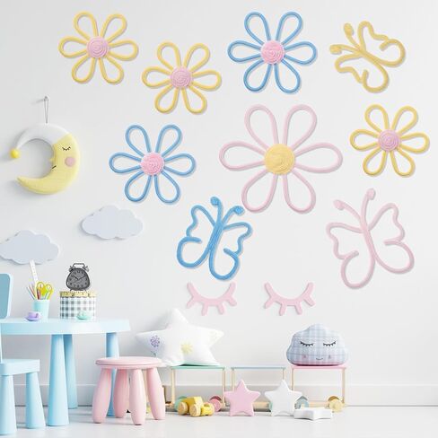 Wesiti 9 Pcs Boho Nursery Decor 3 Size Daisy Flower and Butterflies Woven Macrame Wall Hanging for Home Nursery Bedroom Dorm Wall Art (Bright Color) in Saudi Arabia