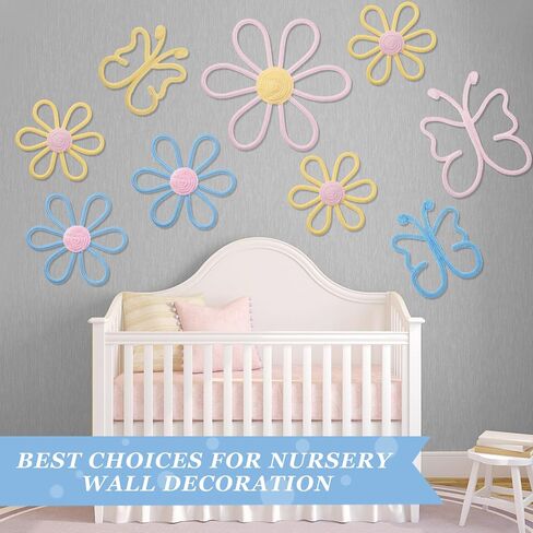 Wesiti 9 Pcs Boho Nursery Decor 3 Size Daisy Flower and Butterflies Woven Macrame Wall Hanging for Home Nursery Bedroom Dorm Wall Art (Bright Color) in Saudi Arabia