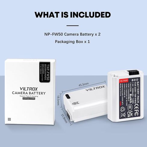 VILTROX 2 Pack NP-FW50 Battery 1030mAh with Type-C Fast Charging for Sony ZV-E10, Alpha 7, A7, A7II, A7RII, A7SII, A7S, A7S2, A7R, A7R2, A5000, A6000, A6500, A6400 (Compatible with Original) in Saudi Arabia