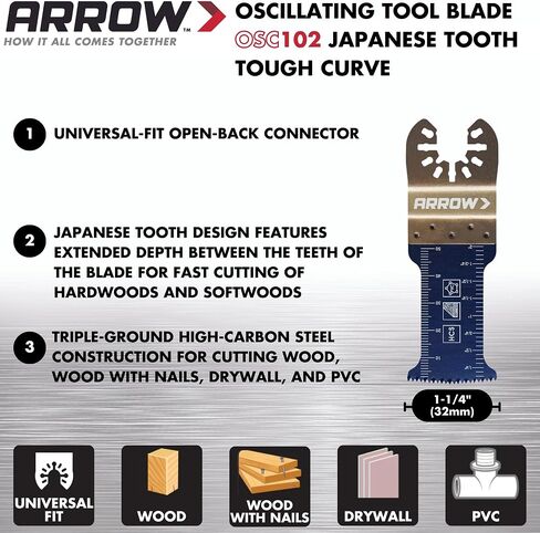 Arrow OSC102-10 Tough Curve Wood Oscillating Tool Blade for Hardwood, Wood, PVC, Drywall, Universal, Fits Most Multitools, 1-¼ Inch, 10-Pack in Saudi Arabia