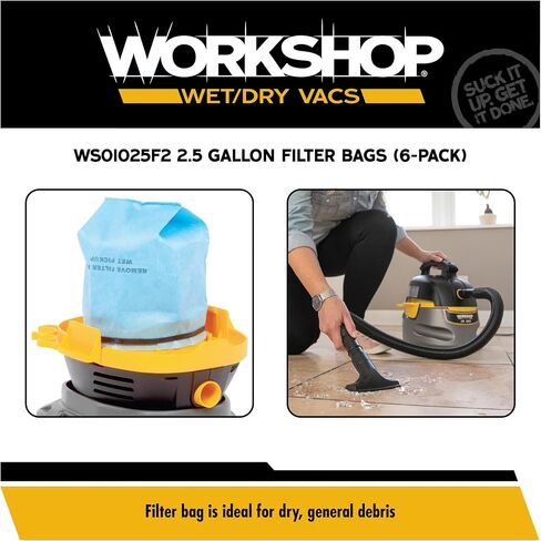 WORKSHOP Wet Dry Vacuum Bags WS01025F Shop Vacuum Bag Filter (3 أكياس مكنسة صغيرة مع حزام تمساح)، فلتر حقيبة لاختيار 2-1/2 جالون إلى 5 جالون مكنسة كهربائية in Kuwait