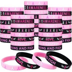 Minatee 100 Pcs Breast Cancer Awareness Bracelets, Pink Ribbon Breast Cancer Awareness Silicone Wristbands with Hope Faith Strength Courage Support Black Breast Cancer Gifts Party Favors for Women in Kuwait