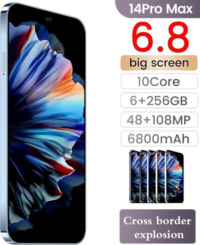 هاتف خلوي I14 Pro MAX غير مقفل، هاتف ذكي طويل عمر البطارية 6.82 بوصة، هواتف غير مقفلة عالية الدقة، 6+256 جيجابايت Android 13.0 مع بطاقة ذاكرة 128 جيجا، شريحة SIM مزدوجة/قفل بصمة الإصبع/معرف الوجه/نظام تحديد المواقع (أسود) in Saudi Arabia