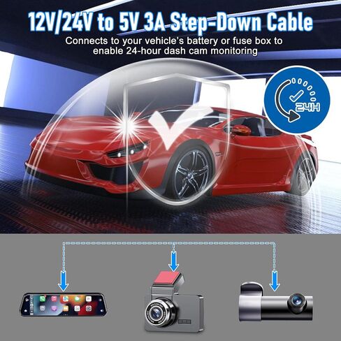 Dash Cam Hardwire Kit 12V 24V to 5V ، عرض رقمي منخفض الجهد القابل للتعديل ، قم بتسجيل مجموعة الأسلاك الصلبة لمراقبة مواقف السيارات ، ويتصل مباشرة ببطارية السيارة (Type-C مستقيم) in Kuwait
