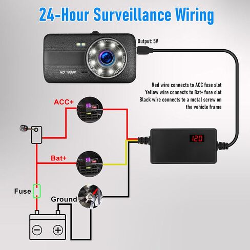 Dash Cam Hardwire Kit 12V 24V to 5V ، عرض رقمي منخفض الجهد القابل للتعديل ، قم بتسجيل مجموعة الأسلاك الصلبة لمراقبة مواقف السيارات ، ويتصل مباشرة ببطارية السيارة (Type-C مستقيم) in Kuwait