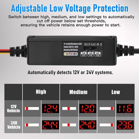 Dash Cam Hardwire Kit 12V 24V to 5V ، عرض رقمي منخفض الجهد القابل للتعديل ، قم بتسجيل مجموعة الأسلاك الصلبة لمراقبة مواقف السيارات ، ويتصل مباشرة ببطارية السيارة (Type-C مستقيم) in Kuwait