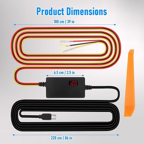Dash Cam Hardwire Kit 12V 24V to 5V ، عرض رقمي منخفض الجهد القابل للتعديل ، قم بتسجيل مجموعة الأسلاك الصلبة لمراقبة مواقف السيارات ، ويتصل مباشرة ببطارية السيارة (Type-C مستقيم) in Kuwait