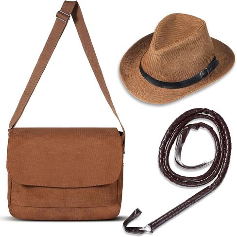 Panitay 3 Pcs Halloween Costume for Men, Canvas Bag, Straw Cowboy Hat for Men, Brown Faux Leather Whip Costume Accessories for Halloween Party Costume in Kuwait
