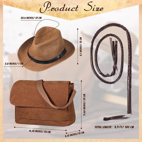 Panitay 3 Pcs Halloween Costume for Men, Canvas Bag, Straw Cowboy Hat for Men, Brown Faux Leather Whip Costume Accessories for Halloween Party Costume in Kuwait