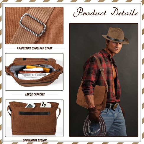 Panitay 3 Pcs Halloween Costume for Men, Canvas Bag, Straw Cowboy Hat for Men, Brown Faux Leather Whip Costume Accessories for Halloween Party Costume in Kuwait