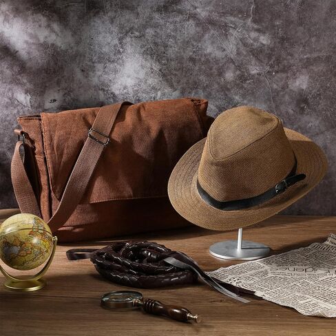 Panitay 3 Pcs Halloween Costume for Men, Canvas Bag, Straw Cowboy Hat for Men, Brown Faux Leather Whip Costume Accessories for Halloween Party Costume in Kuwait