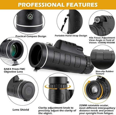 BAK4 HD Optics Prism Dual Focus Monocular Telescope, 40x60 Scope with Day & Low Scope with Smartphone Holder Adjustable Tripod in Saudi Arabia