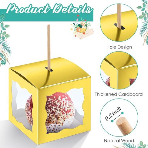Dandat 50 Pieces 4 x 4 x 4 Inch Candy Apple Box with Hole and Stick Paper Caramel Apple Boxes Cookies Chocolate Gift Treat Boxes with Clear Windows Caramel Apple Containers for Wedding Christmas in Saudi Arabia
