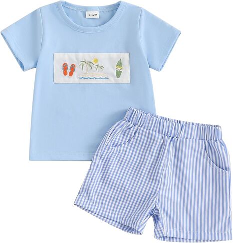 Toddler Baby Boy Summer Shorts Sets Embroidery Round Neck Short Sleeve Tops Stripe Shorts Casual 2pcs Clothes in Saudi Arabia