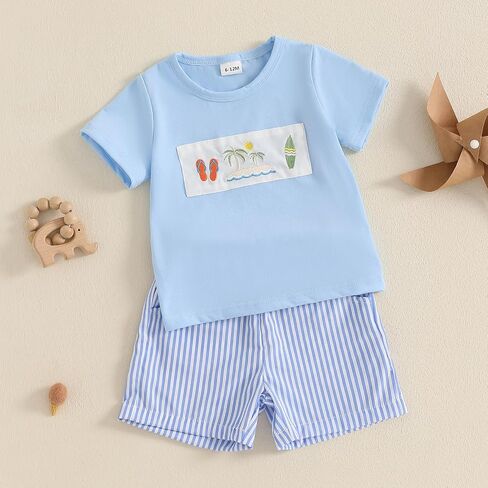 Toddler Baby Boy Summer Shorts Sets Embroidery Round Neck Short Sleeve Tops Stripe Shorts Casual 2pcs Clothes in Saudi Arabia