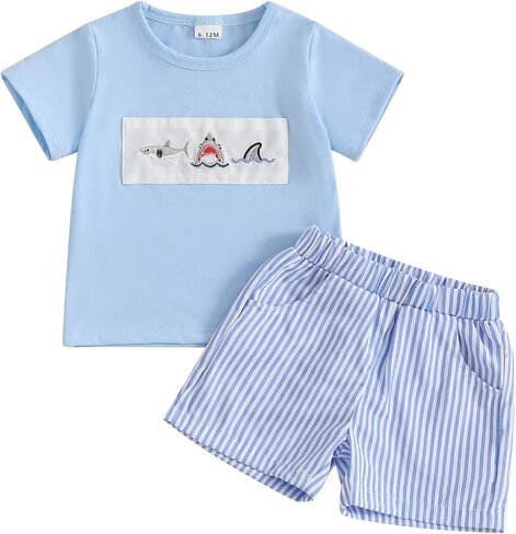 Toddler Baby Boy Summer Shorts Sets Embroidery Round Neck Short Sleeve Tops Stripe Shorts Casual 2pcs Clothes in Saudi Arabia