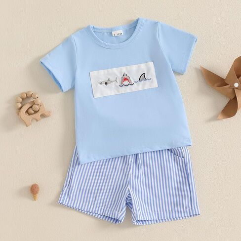 Toddler Baby Boy Summer Shorts Sets Embroidery Round Neck Short Sleeve Tops Stripe Shorts Casual 2pcs Clothes in Saudi Arabia