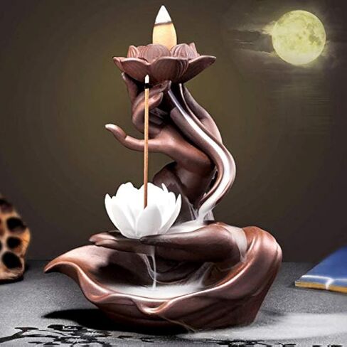 Fashion&Man Elegant Lotus Incense Burner Waterfall Incense Holder Ceramic Censer Handicrafts, Aromatherapy for Home Decor, Office, Yoga, Meditation, Relaxation+20pcs Backflow Incense Cones, Pattern 1 in Saudi Arabia