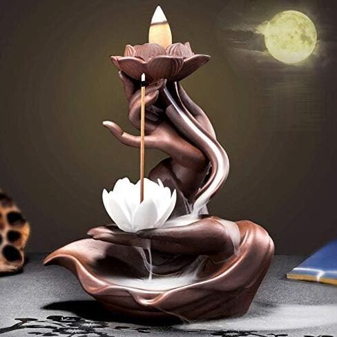 Fashion&Man Elegant Lotus Incense Burner Waterfall Incense Holder Ceramic Censer Handicrafts, Aromatherapy for Home Decor, Office, Yoga, Meditation, Relaxation+20pcs Backflow Incense Cones, Pattern 1 in Saudi Arabia