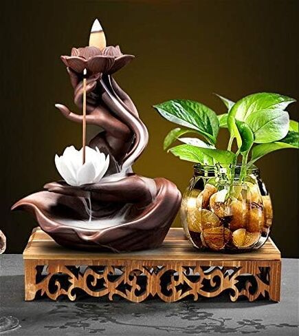 Fashion&Man Elegant Lotus Incense Burner Waterfall Incense Holder Ceramic Censer Handicrafts, Aromatherapy for Home Decor, Office, Yoga, Meditation, Relaxation+20pcs Backflow Incense Cones, Pattern 1 in Saudi Arabia