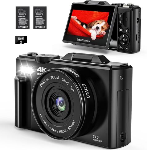 4K Digital Camera - 64MP UHD Auto-Focus Digital Cameras for Photography - 18X Zoom Vlogging Camera for YouTube with 32GB SD Card - 3.0-inch 180° Flip Screen Compact Digital Camara in Saudi Arabia