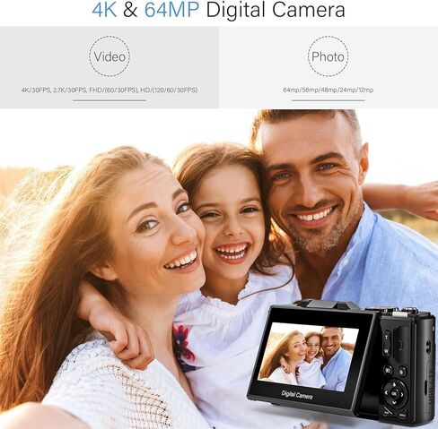 4K Digital Camera - 64MP UHD Auto-Focus Digital Cameras for Photography - 18X Zoom Vlogging Camera for YouTube with 32GB SD Card - 3.0-inch 180° Flip Screen Compact Digital Camara in Saudi Arabia