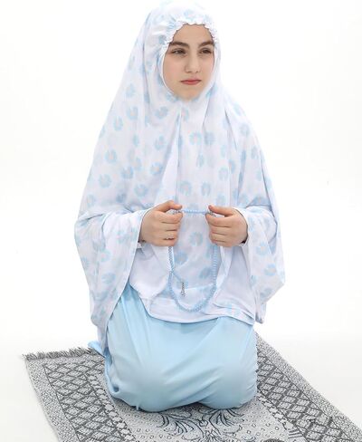 طقم صلاة للبنات المسلمات من لازورد، طقم صلاة قطعتين، طقم 3 قطع (تنورة، وشاح، مسبحة) مناسب من 5 إلى 12 سنة in Kuwait