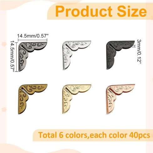 WADORN 240Pcs Metal Book Corner Protector, 6 Colors Iron Guard Edge Vintage Box Edge Cover for Book Scrapbooks Corner Protector Triangle Carved Decorative Protector for Photo Albums Notebooks Folders in Saudi Arabia
