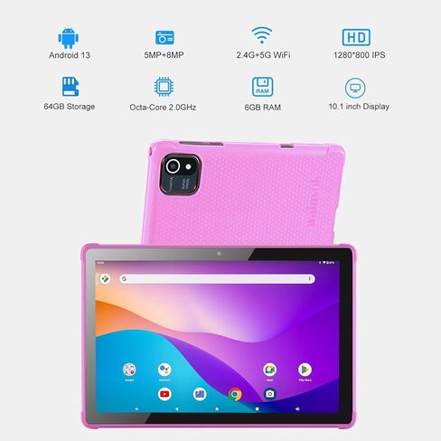 تابلت أندرويد للأطفال بشاشة 10.1 بوصة: 6 جيجابايت + 64 جيجابايت و1 تيرابايت توسيع التابلت مع معالج ثماني النواة بسرعة 2.0 جيجاهرتز | كاميرات مزدوجة 5 ميجابكسل + 8 ميجابكسل، شاشة HD IPS، 2.4G/5G WiFi، بلوتوث 5.0، Google GMS (واضح) in Kuwait