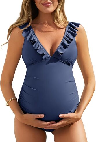 Summer Mae Ruffle Maternity Swimsuit One Piece V-Neck Lace Up Bathing Suit | Adjustable Lace-Up Back, Side Ruching, Stretch Fabric, Removable Pads, Underbust Support, Babymoon, Pool and Beach Days in Saudi Arabia