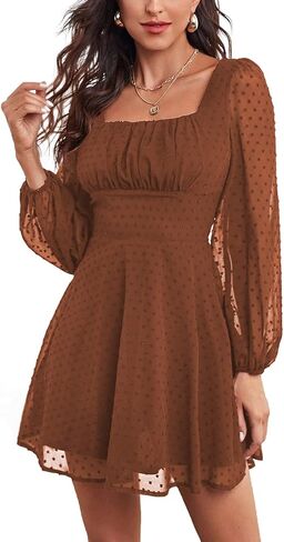 LYANER Women's Polka Dots Square Neck A line Long Sleeve Swiss Dots Mini Dress in Kuwait