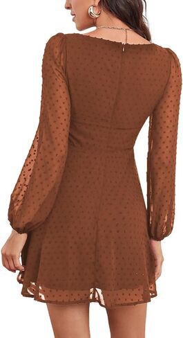 LYANER Women's Polka Dots Square Neck A line Long Sleeve Swiss Dots Mini Dress in Kuwait