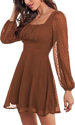 LYANER Women's Polka Dots Square Neck A line Long Sleeve Swiss Dots Mini Dress in Kuwait